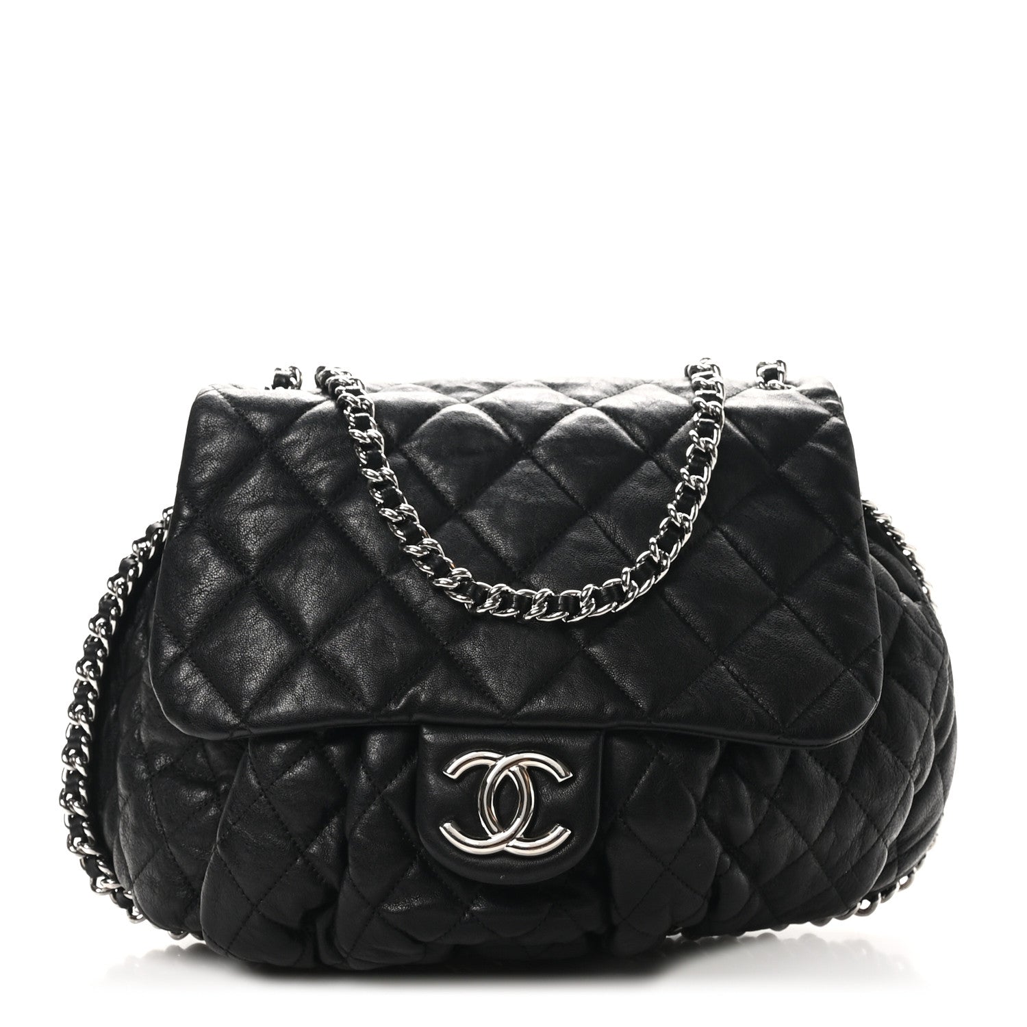 Washed Lambskin Quilted Large Chain Around Messenger Black
