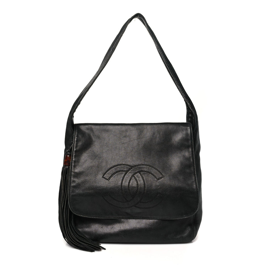 Lambskin CC Tassel Shoulder Flap Bag Black