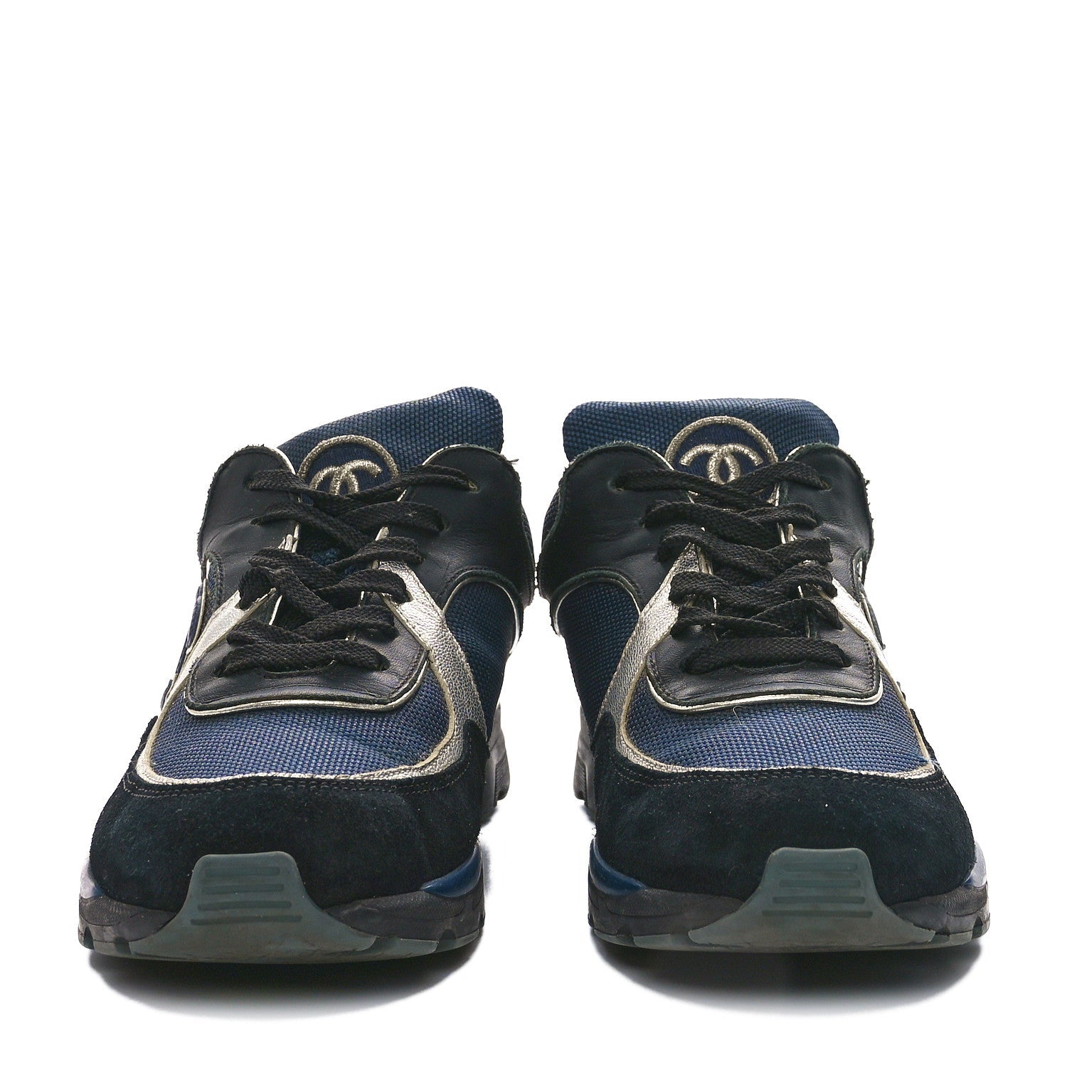 Mesh Suede Calfskin Womens CC Sneakers 36 Dark Blue Black Silver