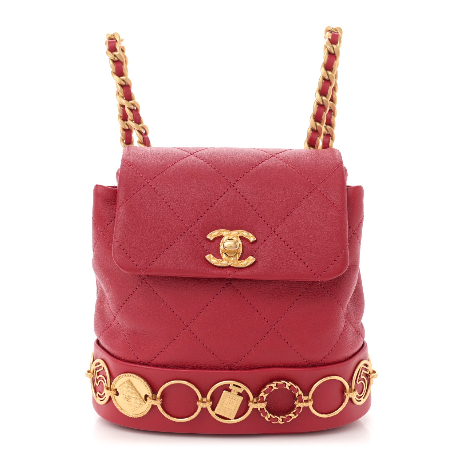 Calfskin Quilted Small Charms Backpack Red