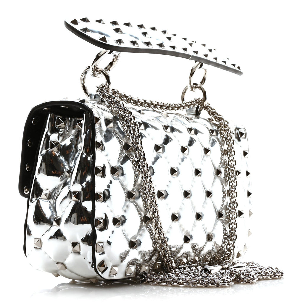 Metallic Patent Quilted Small Rockstud Spike Shoulder Bag Silver