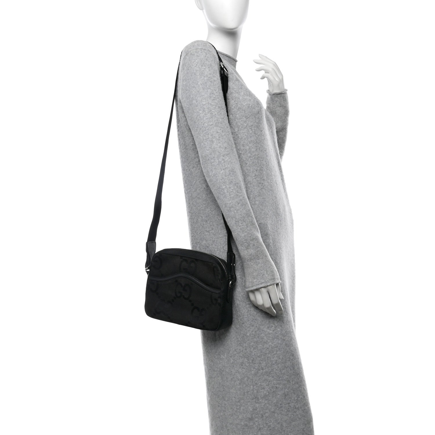 Monogram Jumbo GG Textured Dollar Calfskin Web Messenger Shoulder Bag Black