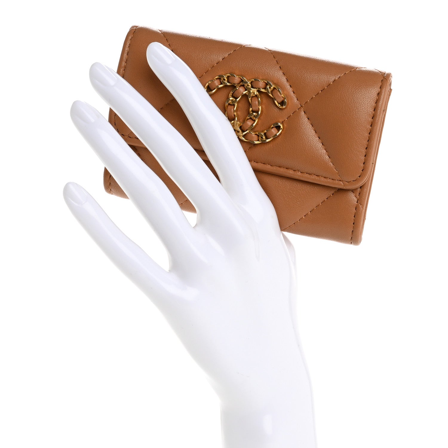 Lambskin Quilted Chanel 19 Flap  Holder Brown