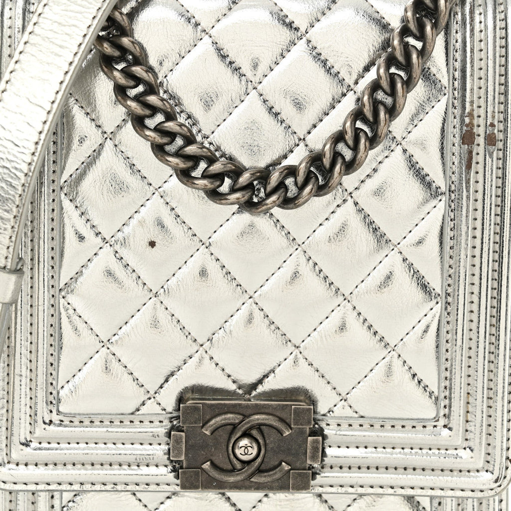 Metallic Goatskin Quilted North South Boy Flap Silver