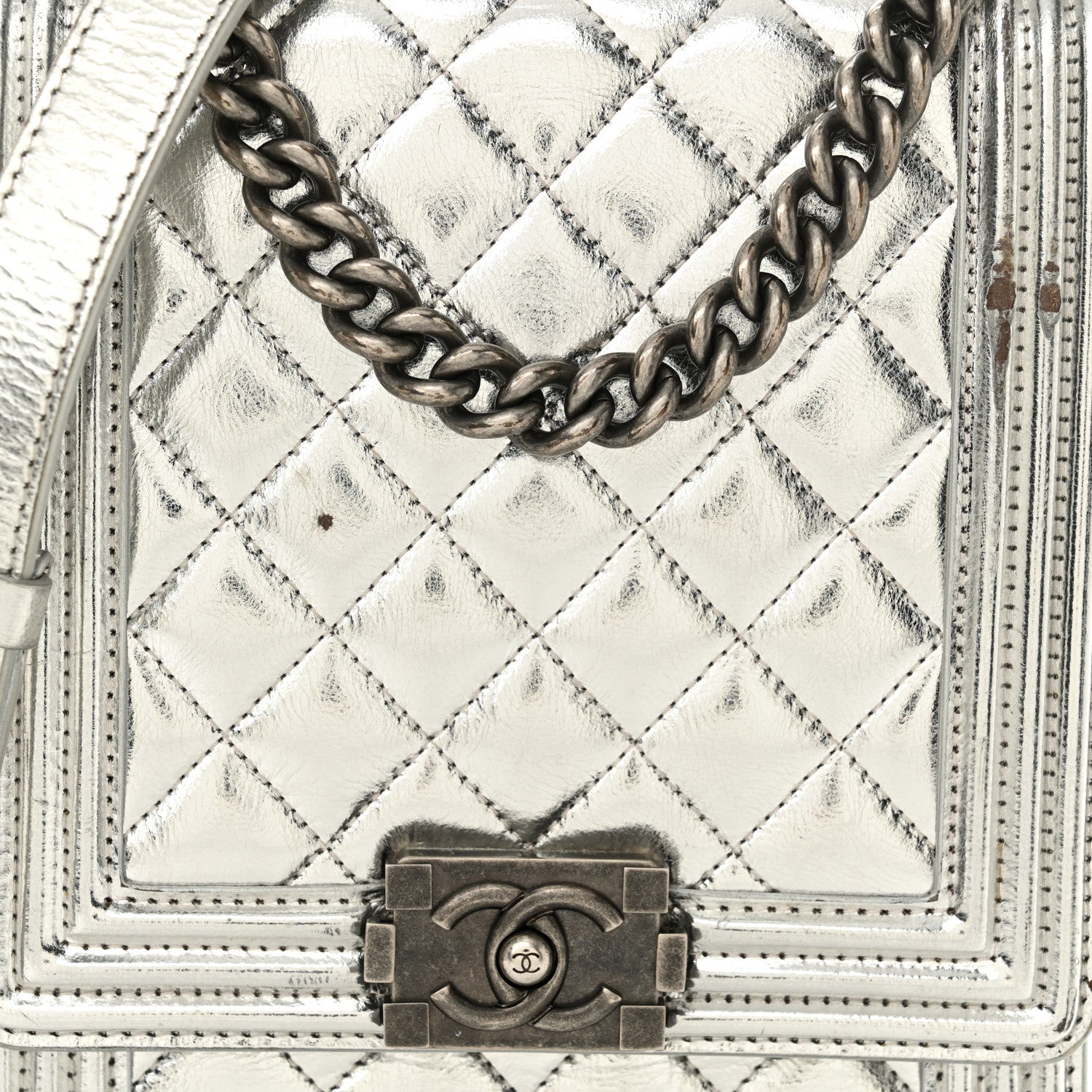 Metallic Goatskin Quilted North South Boy Flap Silver