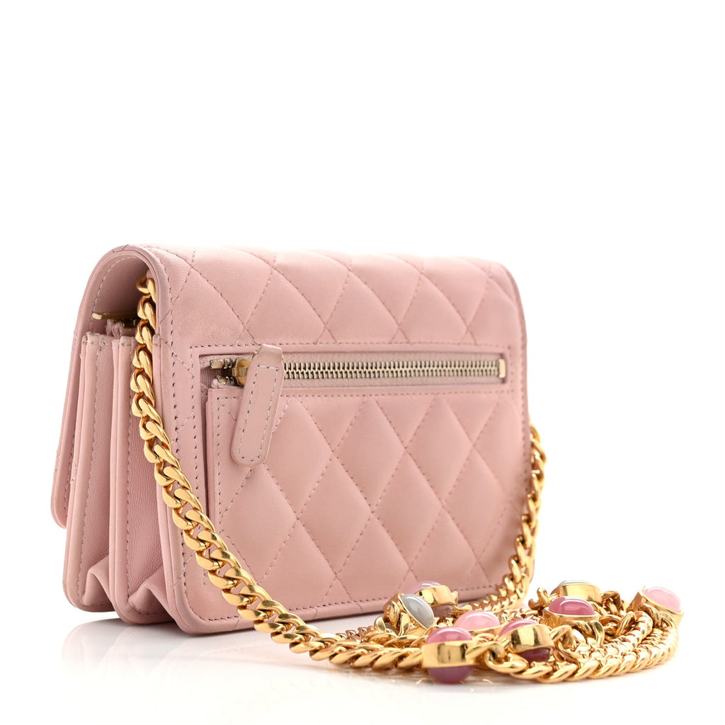 Lambskin Quilted CC Pearl Enamel Clutch on Chain WOC Light Pink