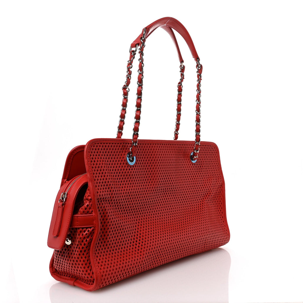 Calfskin Perforated Up In The Air East West Tote Red
