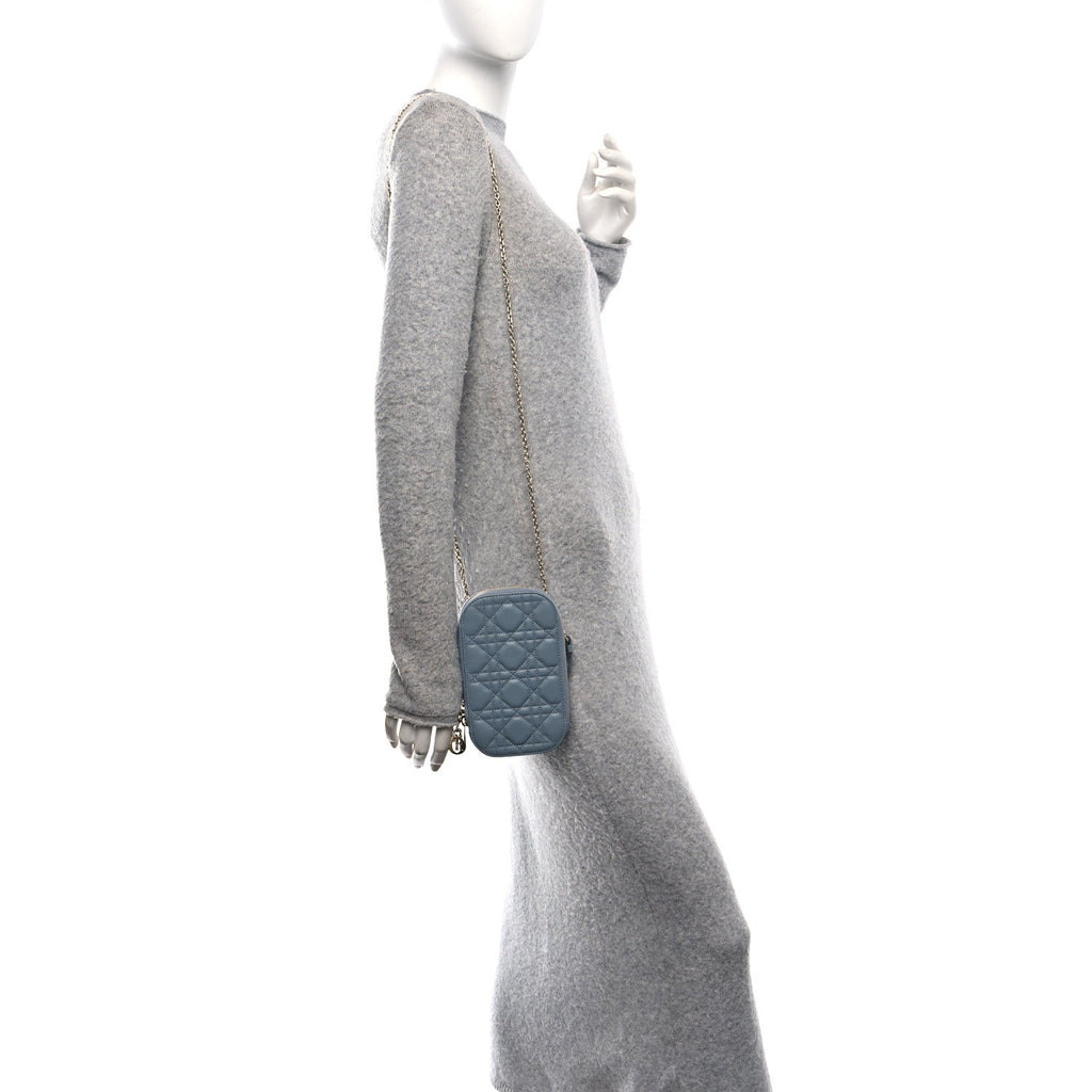 Lambskin Cannage Lady Dior Phone Holder Cloud Blue