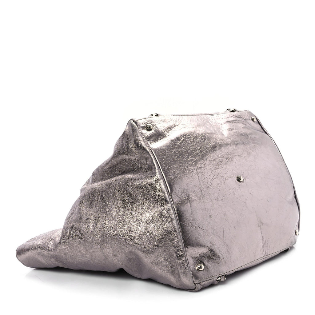 Metallic Cracked Calfskin Modern Chain Tote Dark Silver