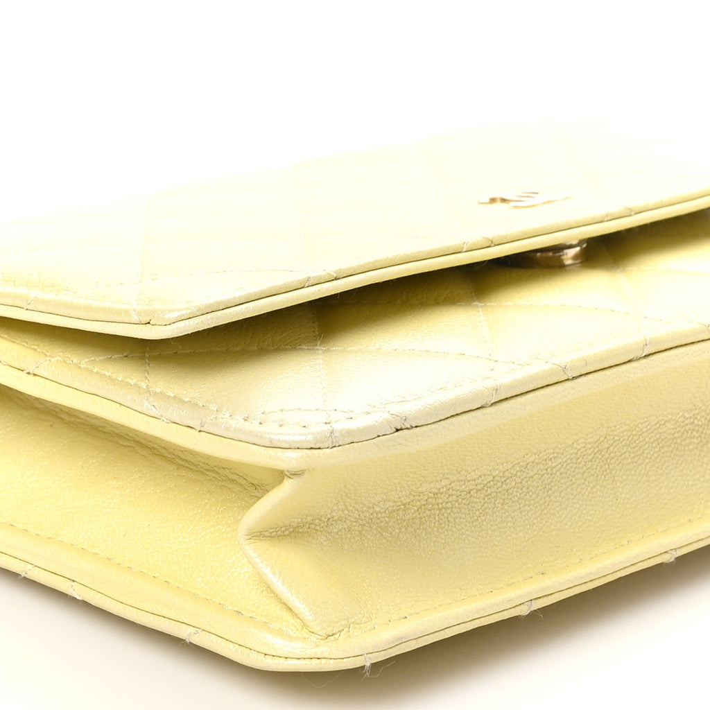 Iridescent Goatskin Quilted Wallet on Chain WOC Light Yellow