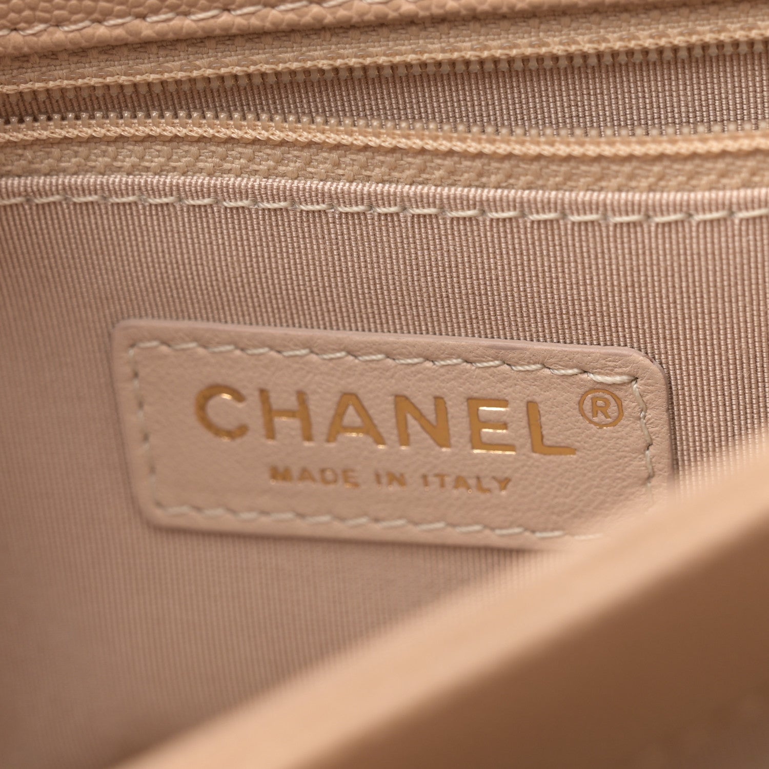 Grained Calfskin Stitched Enamel CC Flap Bag Beige