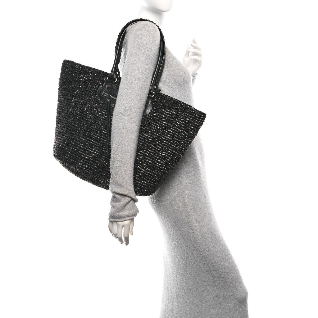 Raffia Woven Le Cagole Panier Tote Bag Black