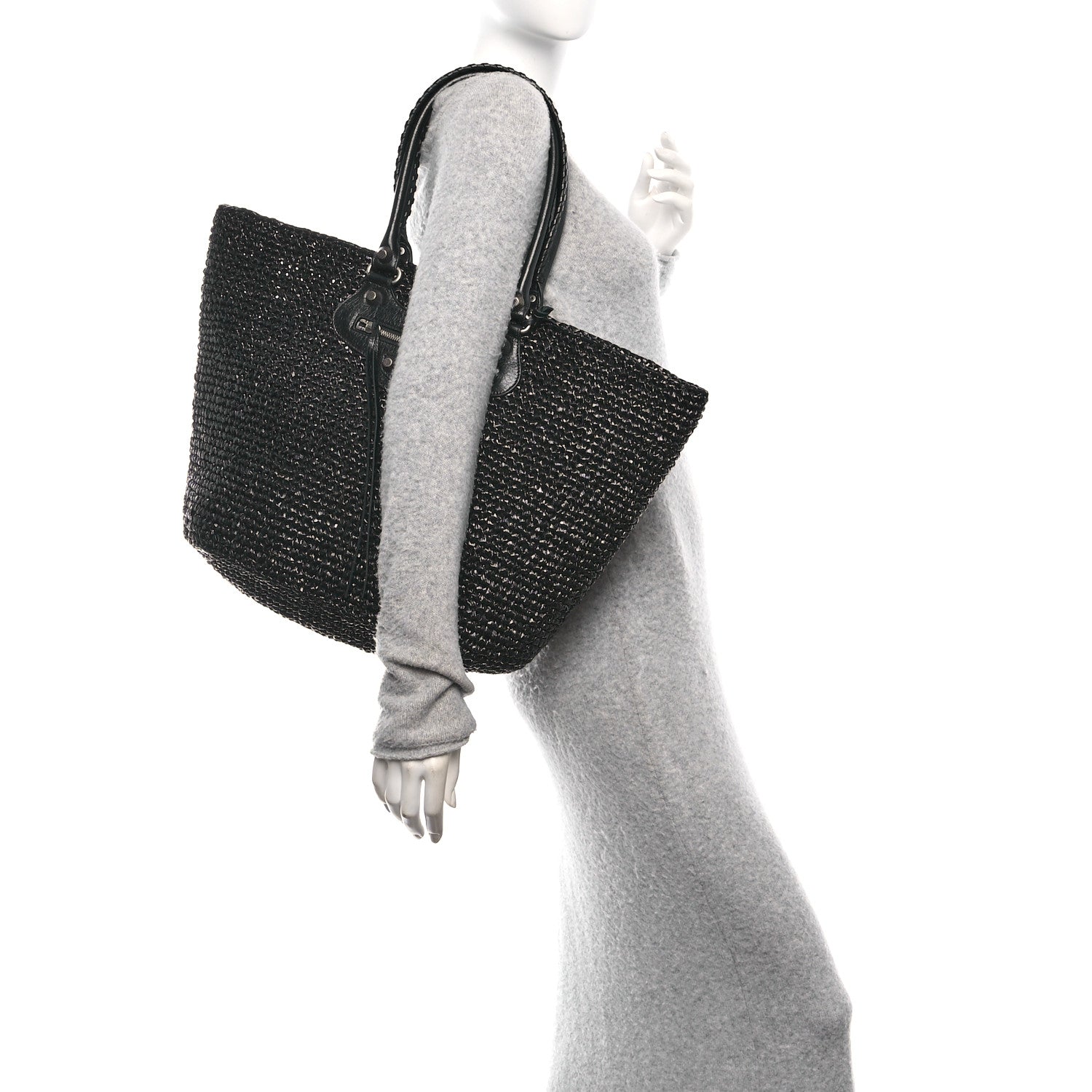 Raffia Woven Le Cagole Panier Tote Bag Black