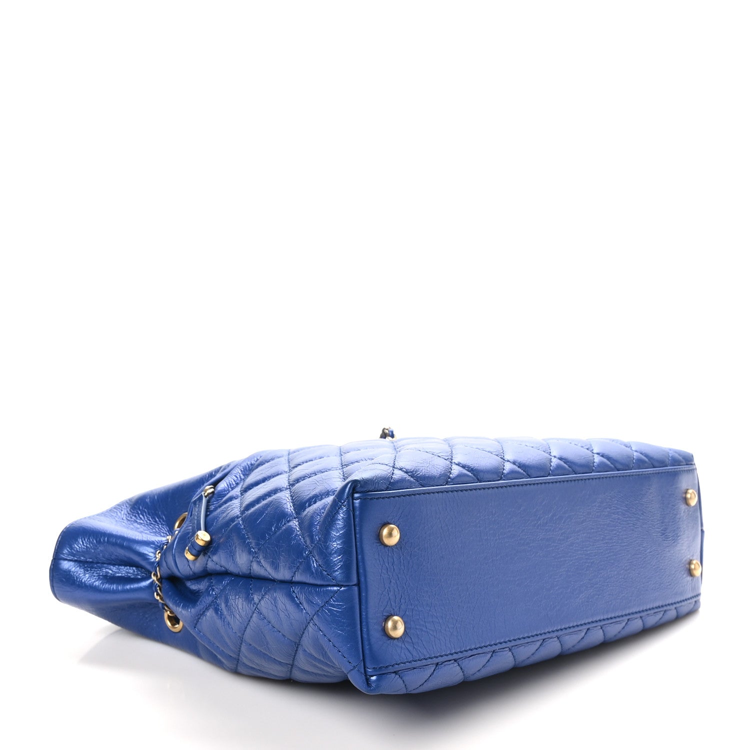 Metallic Aged Calfskin Quilted Drawstring Shopping Tote Blue