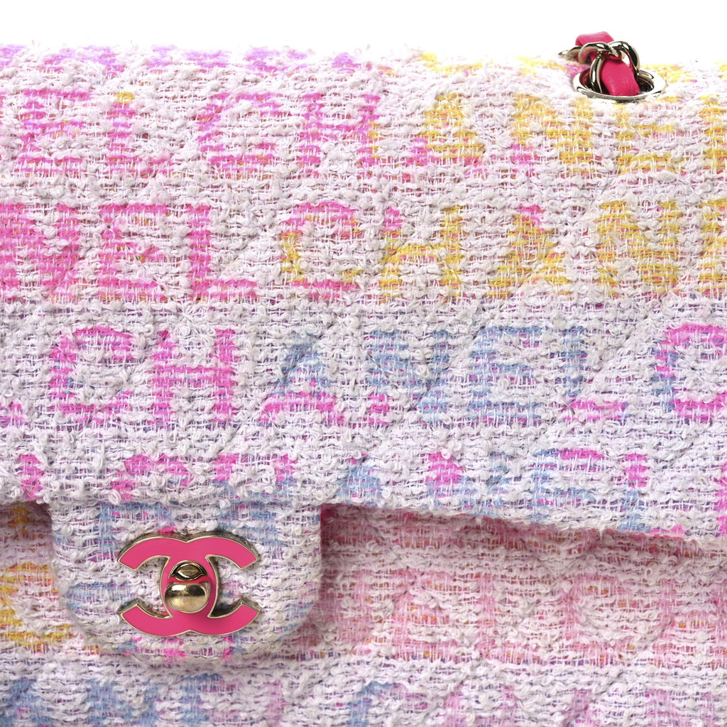 Tweed Quilted Enamel CC Logo Medium Double Flap Pink Multicolor