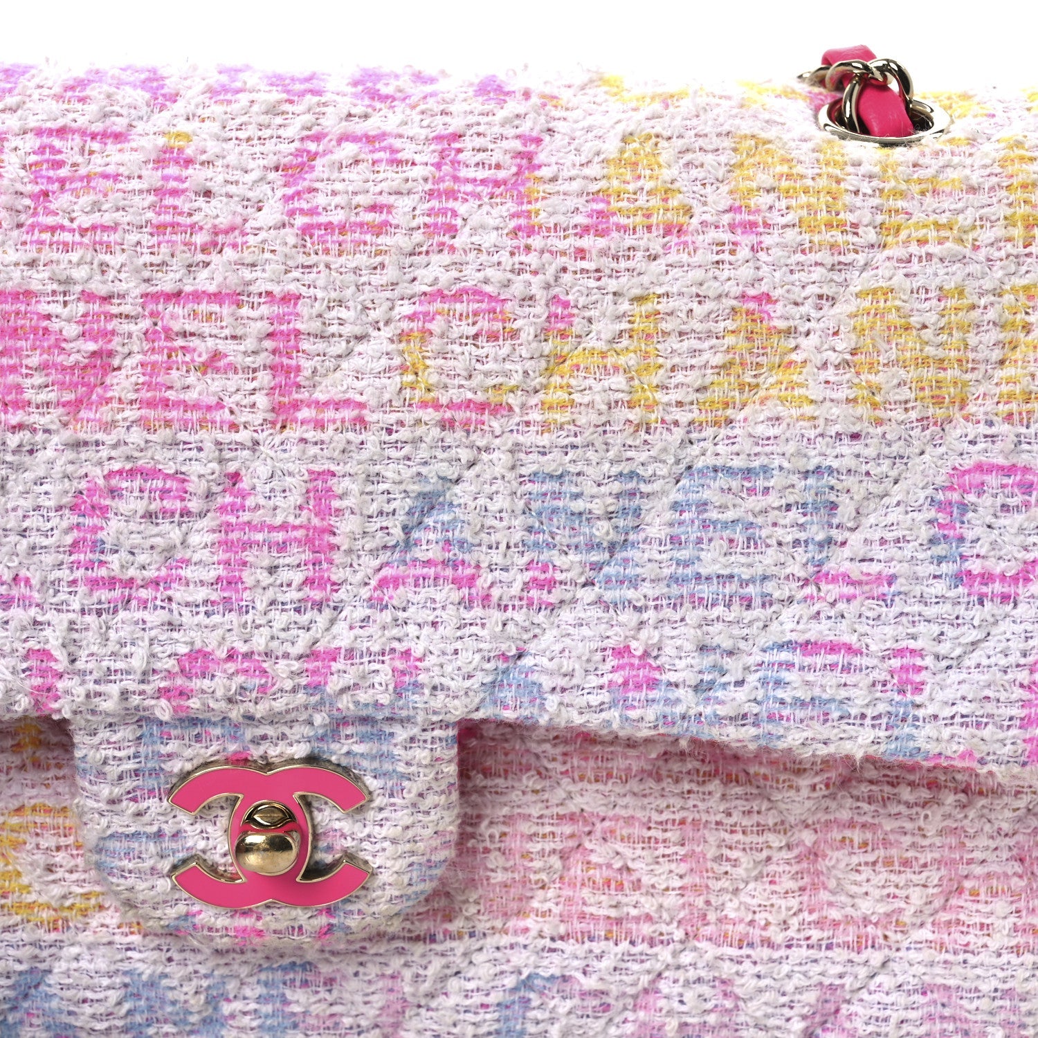 Tweed Quilted Enamel CC Logo Medium Double Flap Pink Multicolor