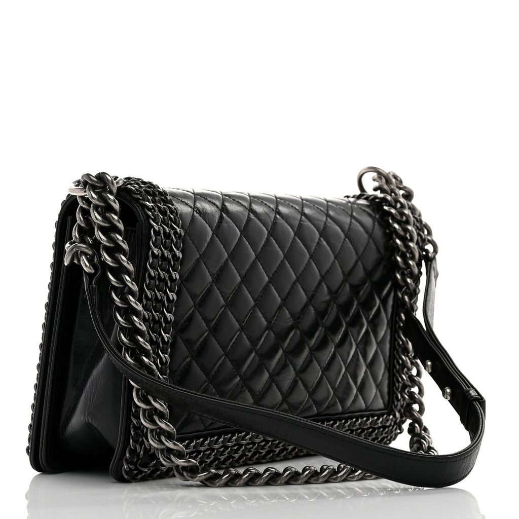 Glazed Calfskin Quilted New Medium Boy Chained Flap Black