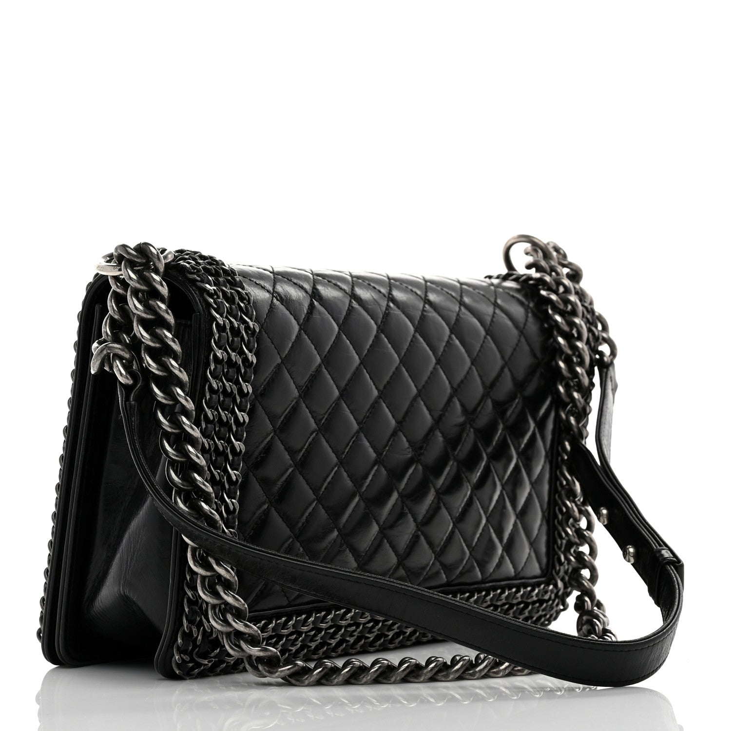 Glazed Calfskin Quilted New Medium Boy Chained Flap Black