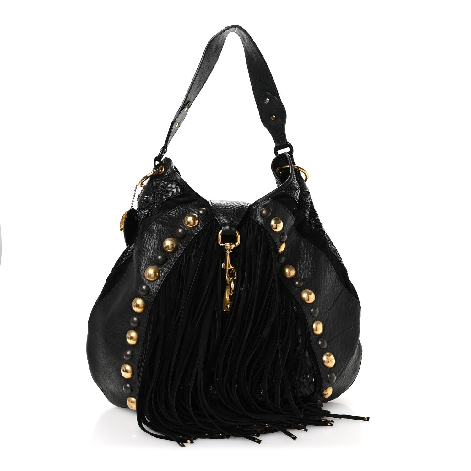 Suede Snakeskin Fringe Babouska Hobo Black
