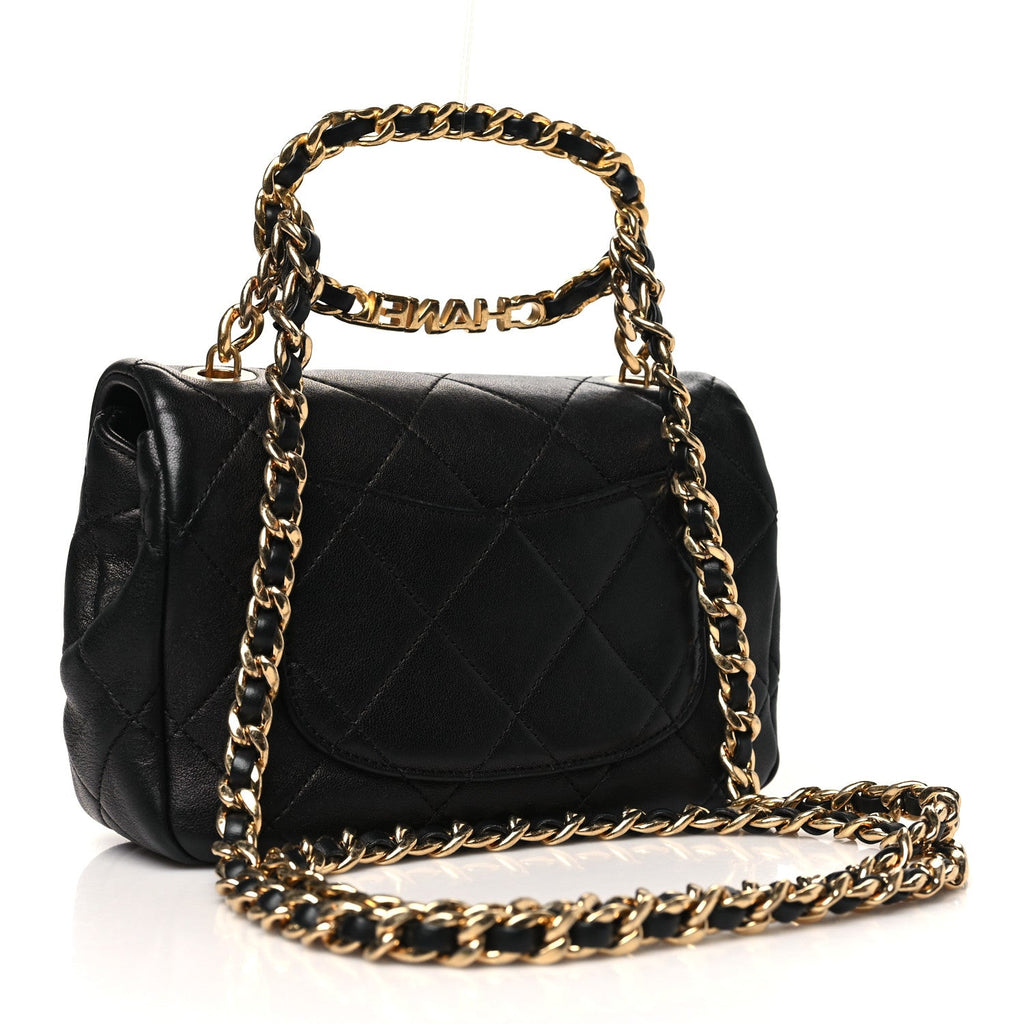 Lambskin Metal Quilted Mini Top Handle Square Flap Black