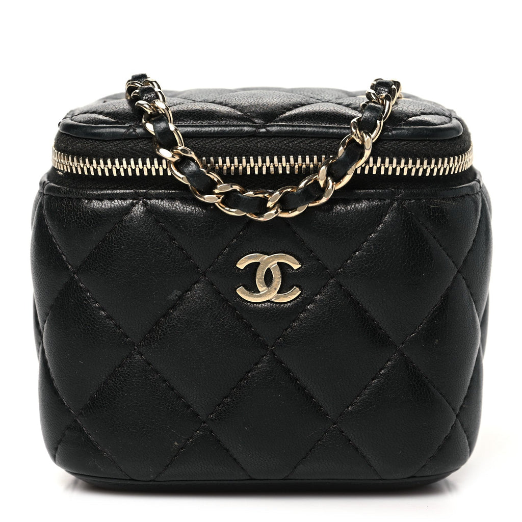Lambskin Quilted Mini Vanity Case With Chain Black
