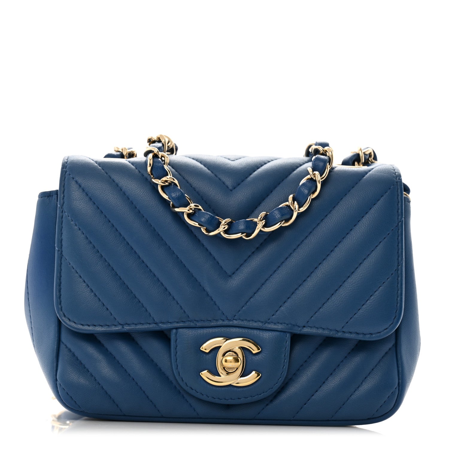 Lambskin Chevron Quilted Mini Square Flap Blue