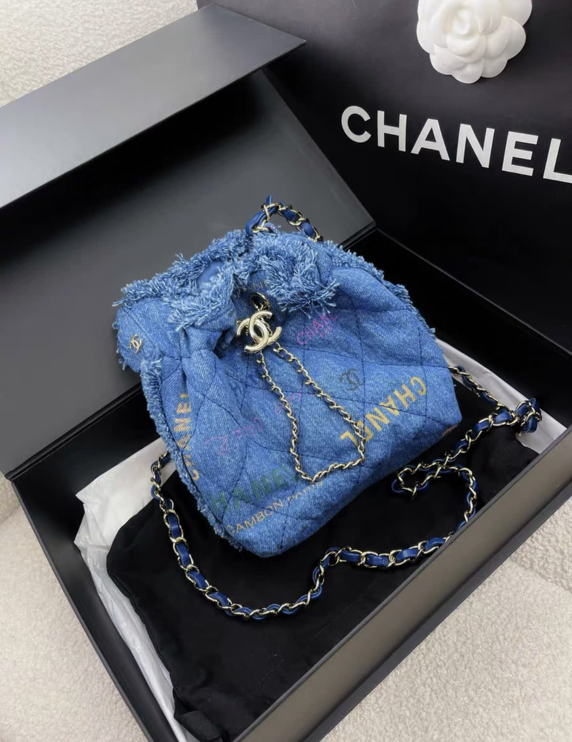 Chanel Blue Denim Logo Printed Quilted Mini Mood Bucket Bag Gold Hardware, 2022