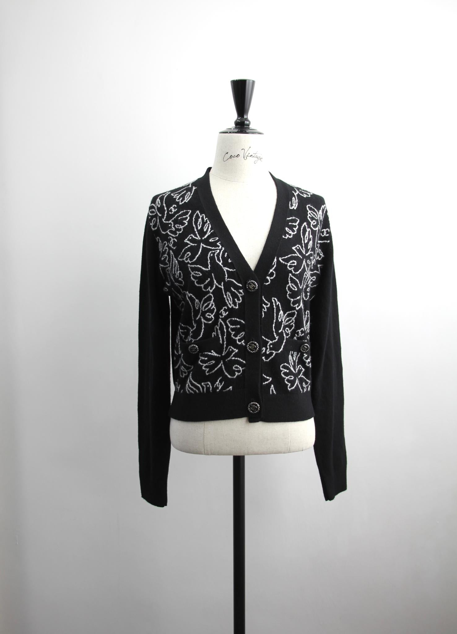 Chanel Cashmere 99 Black X White Floral Bird Coat