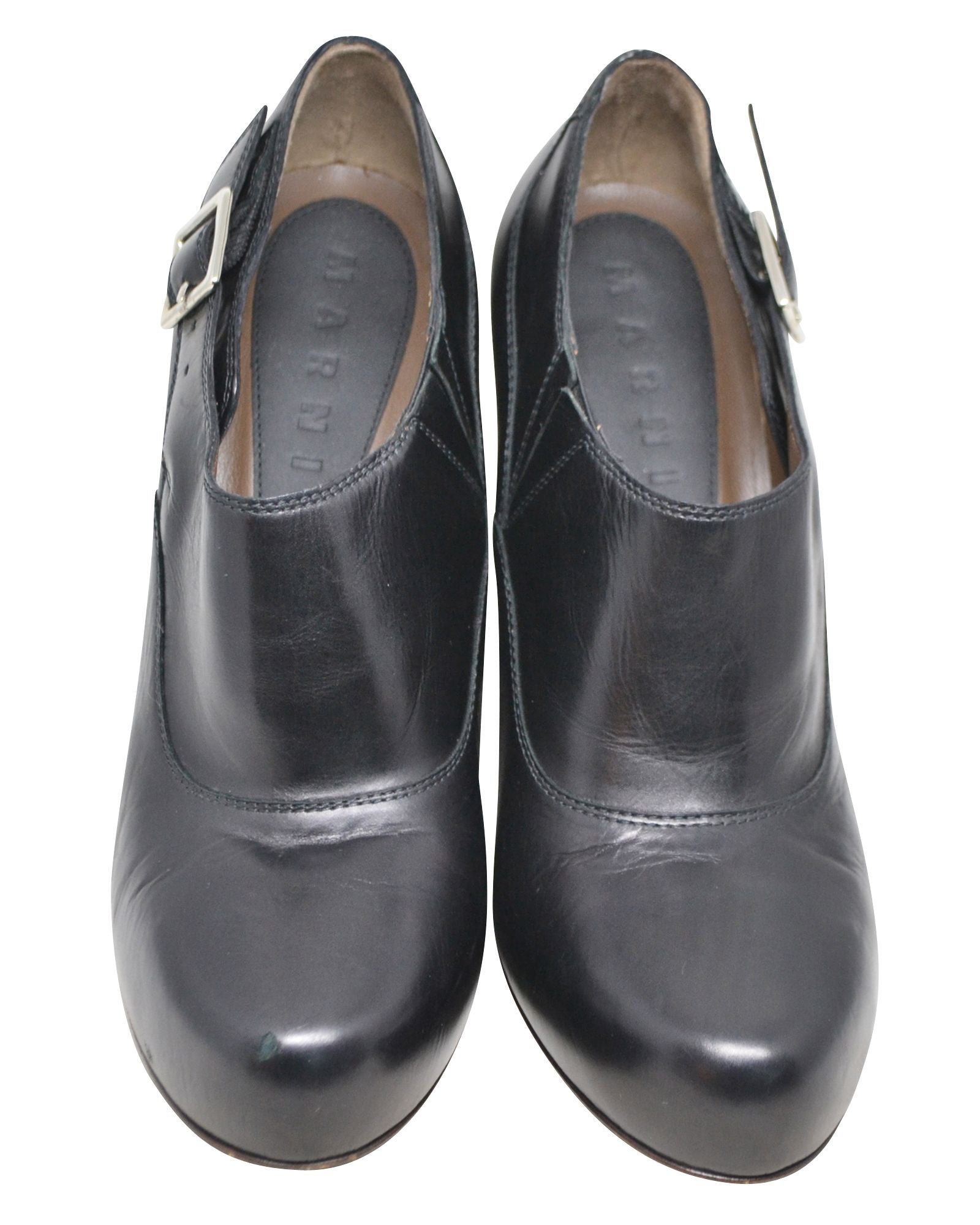 Black Buckled Low Cut Round-Toe Heel Booties