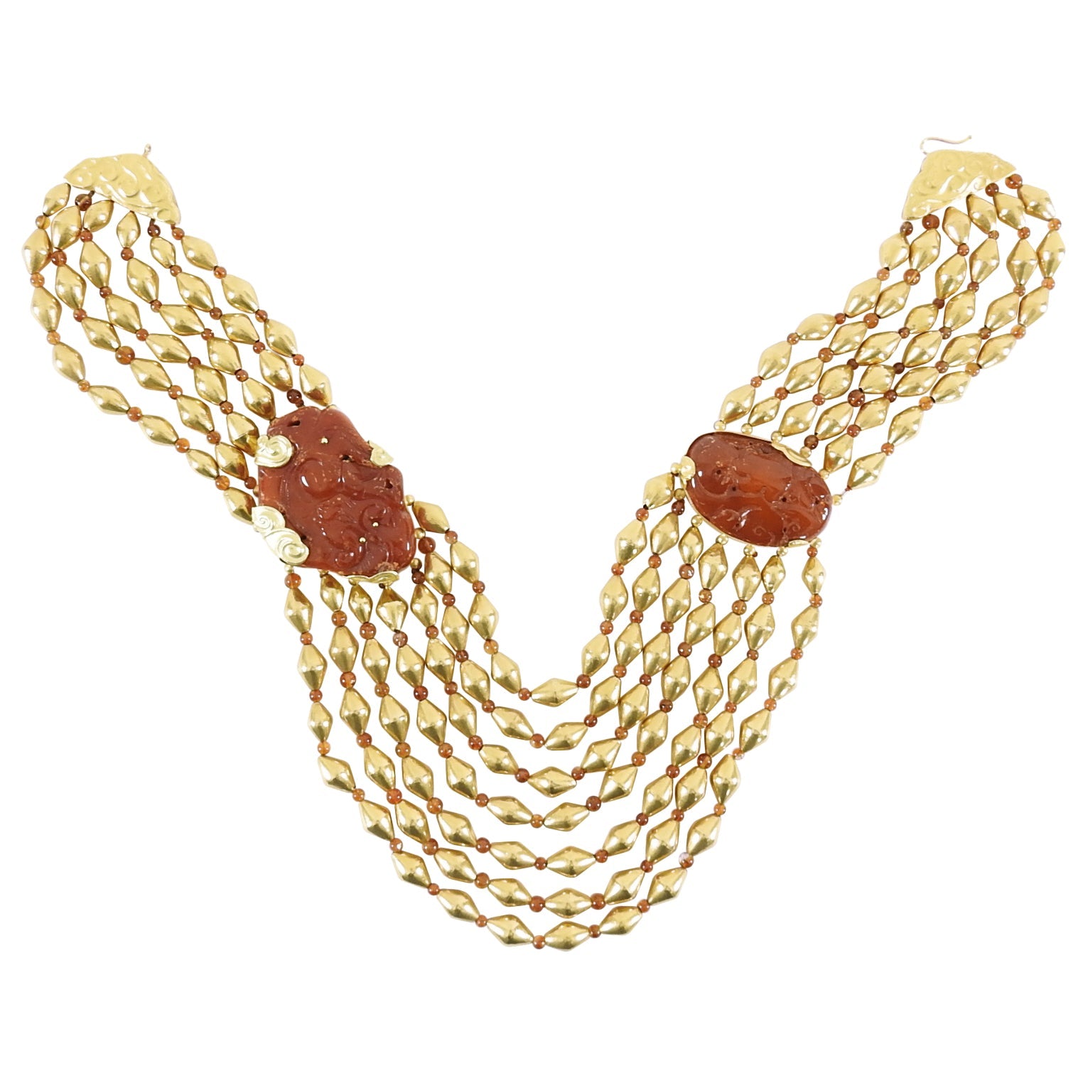Fred Leighton 22k Gold Asian Carved Amber Multi-Strand Bead Necklace