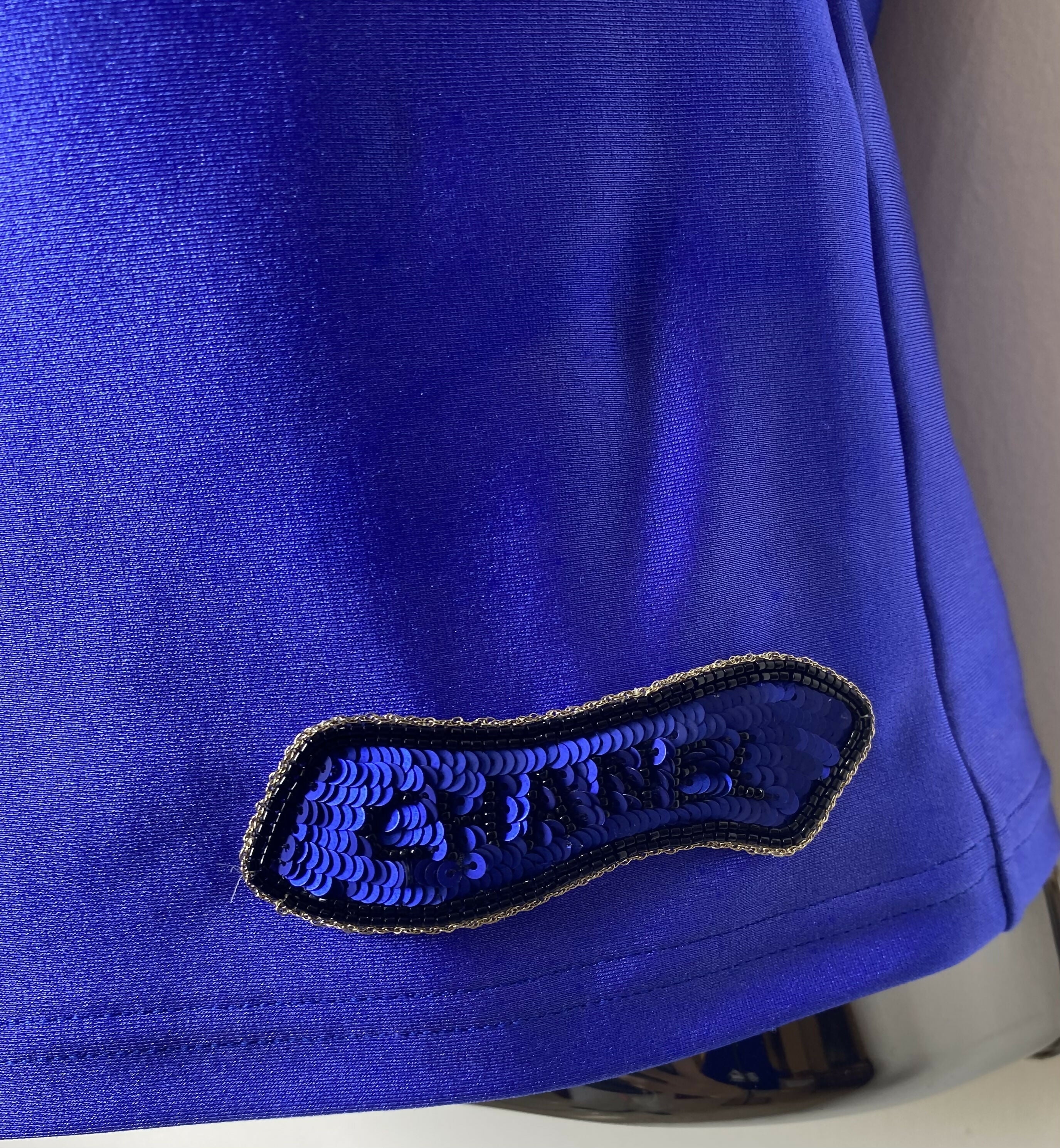 Chanel 21A Runway Royal Blue Sequin Logo Cropped Top Blouse FR 38