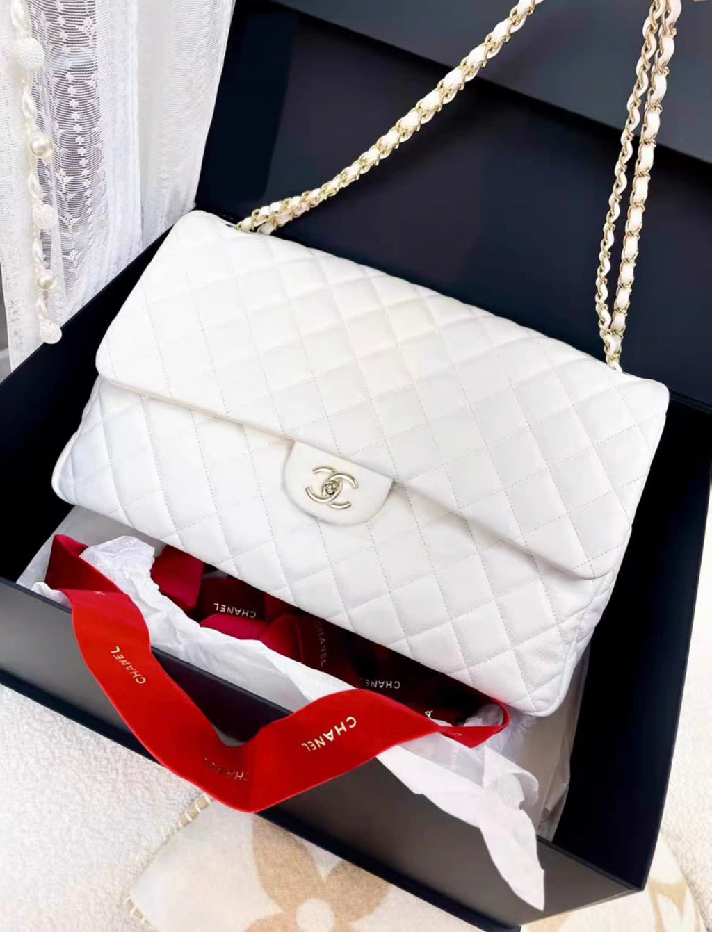 Chanel 24C white lychee leather maxi XXL airport bag cf chain bag
