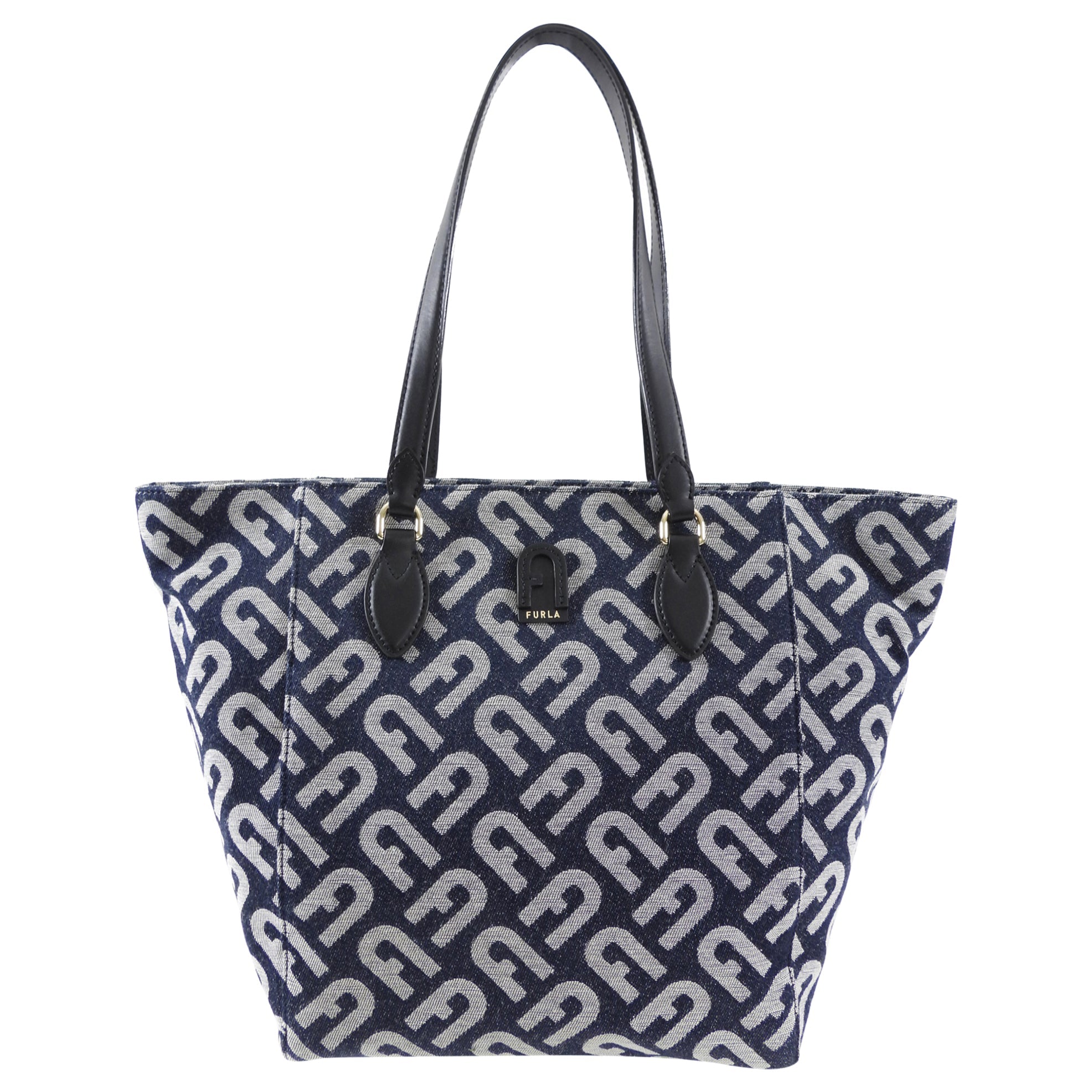 Furla Navy Monogram Canvas Tote Bag