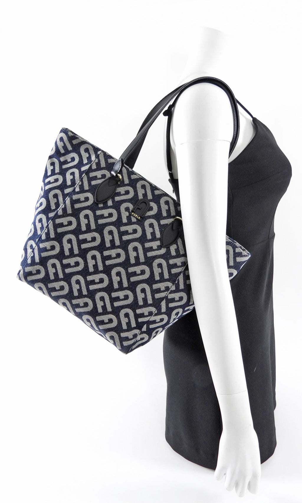 Furla Navy Monogram Canvas Tote Bag