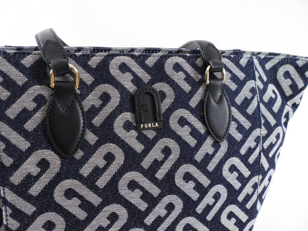 Furla Navy Monogram Canvas Tote Bag