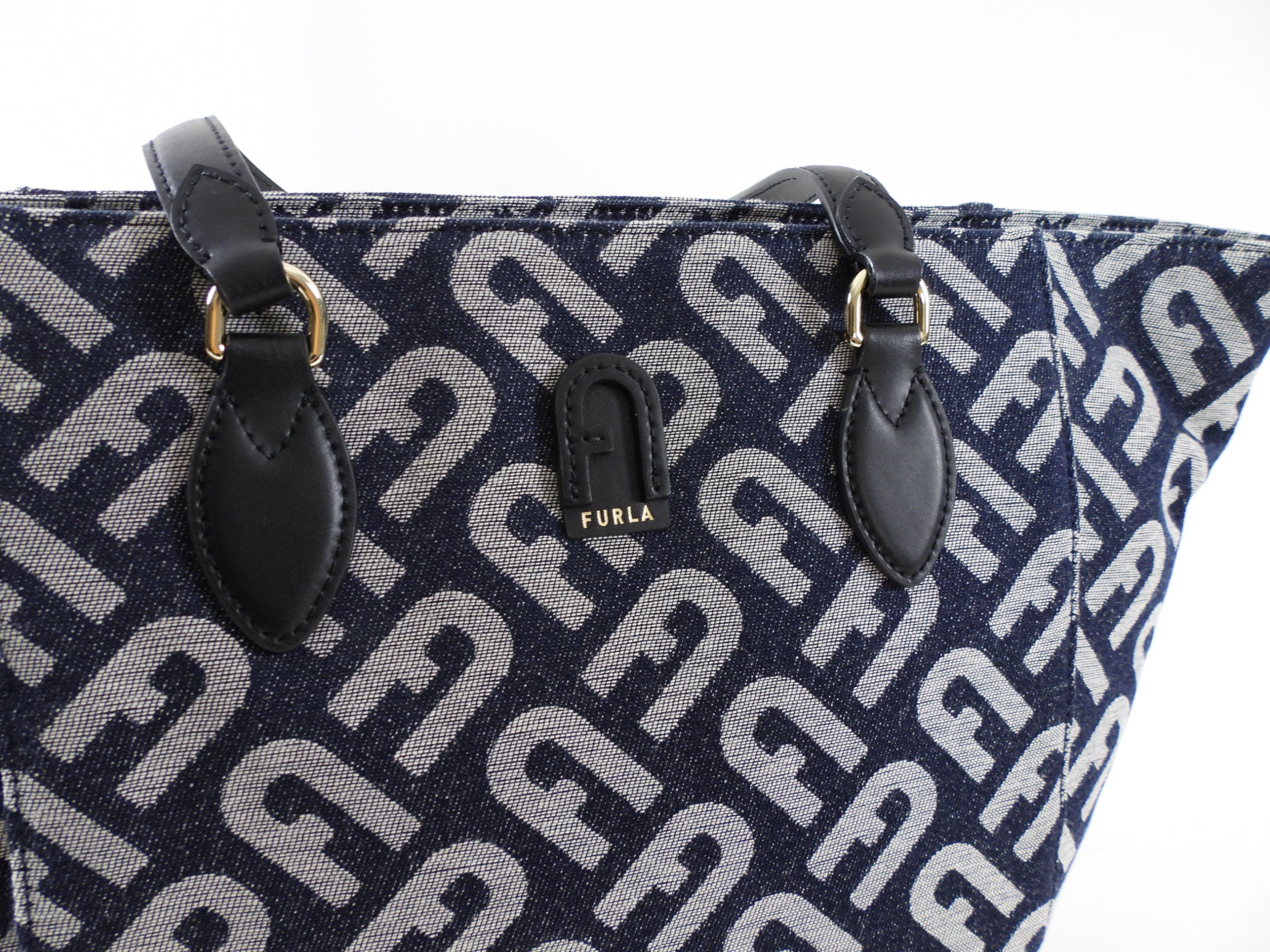Furla Navy Monogram Canvas Tote Bag