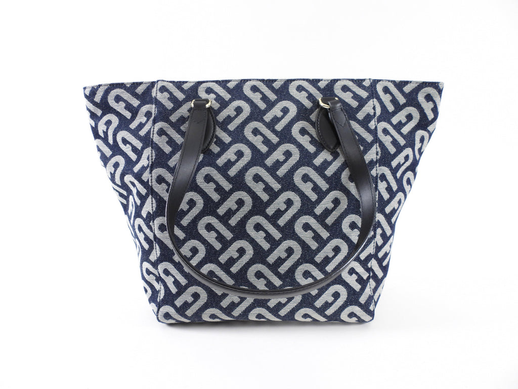 Furla Navy Monogram Canvas Tote Bag