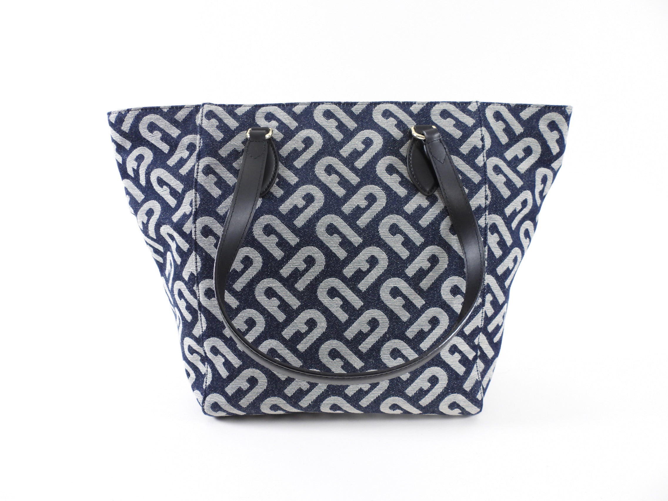 Furla Navy Monogram Canvas Tote Bag