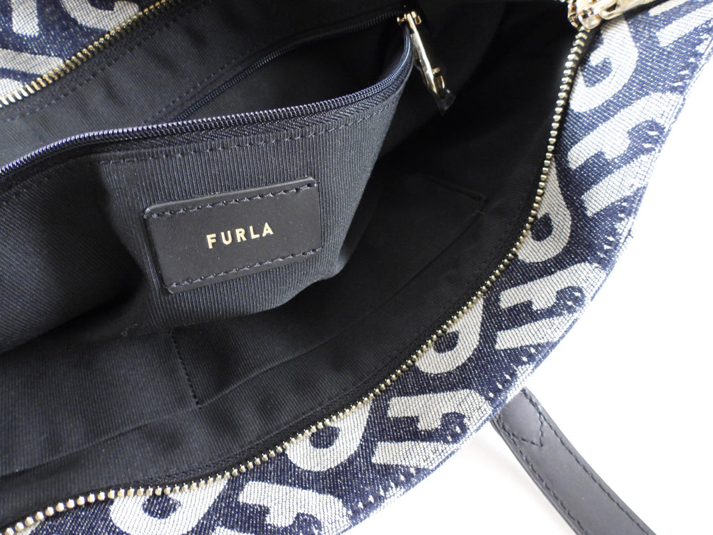 Furla Navy Monogram Canvas Tote Bag
