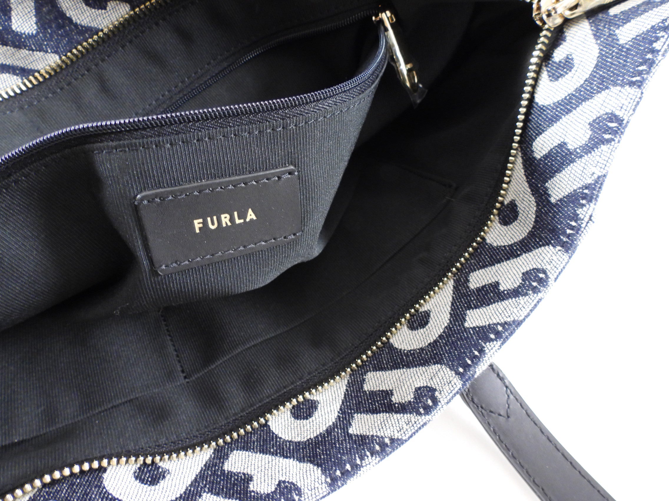 Furla Navy Monogram Canvas Tote Bag