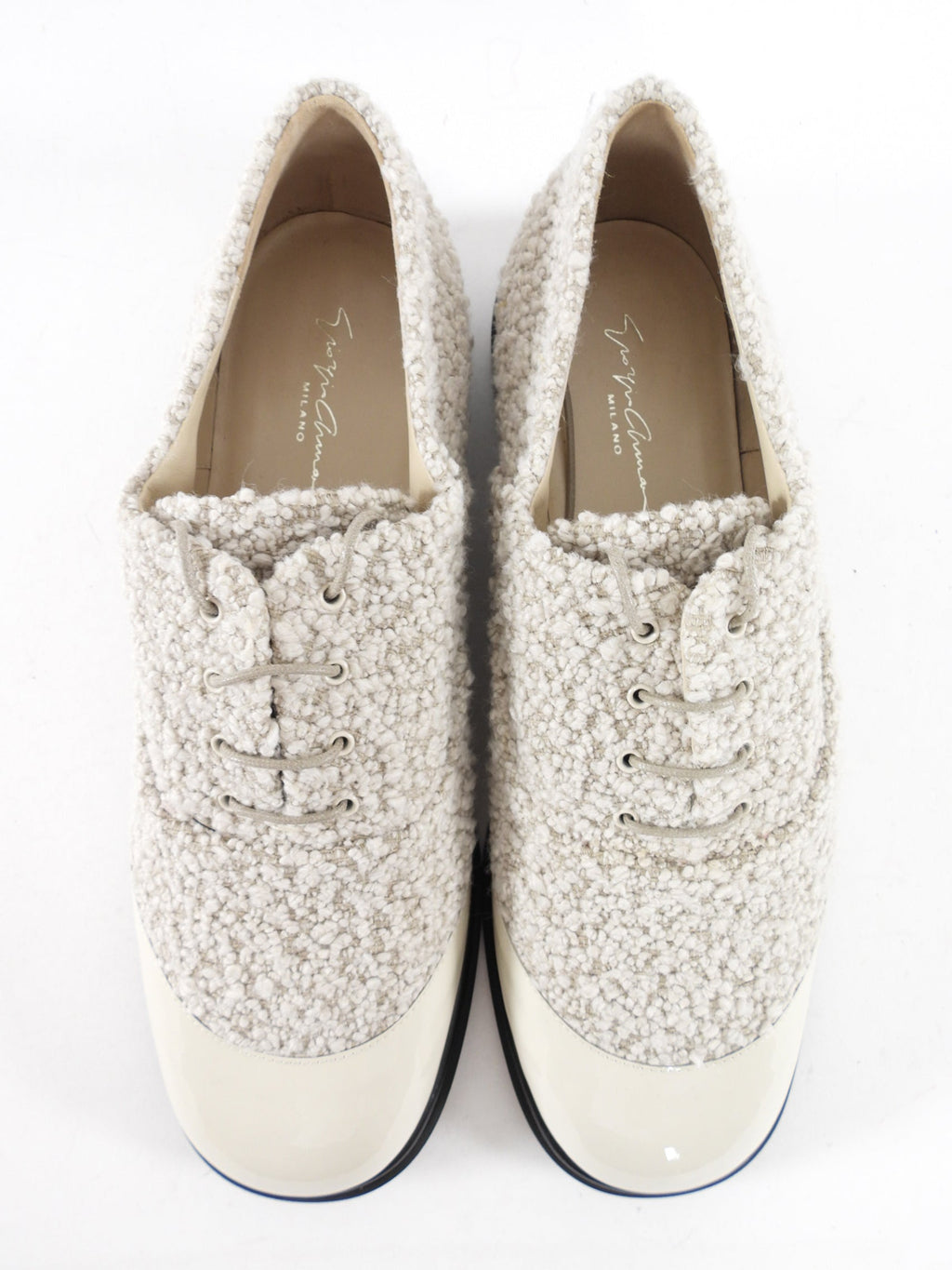 Giorgio Armani Beige Boucle Wool and Patent Cap Toe Oxford Shoes - 40