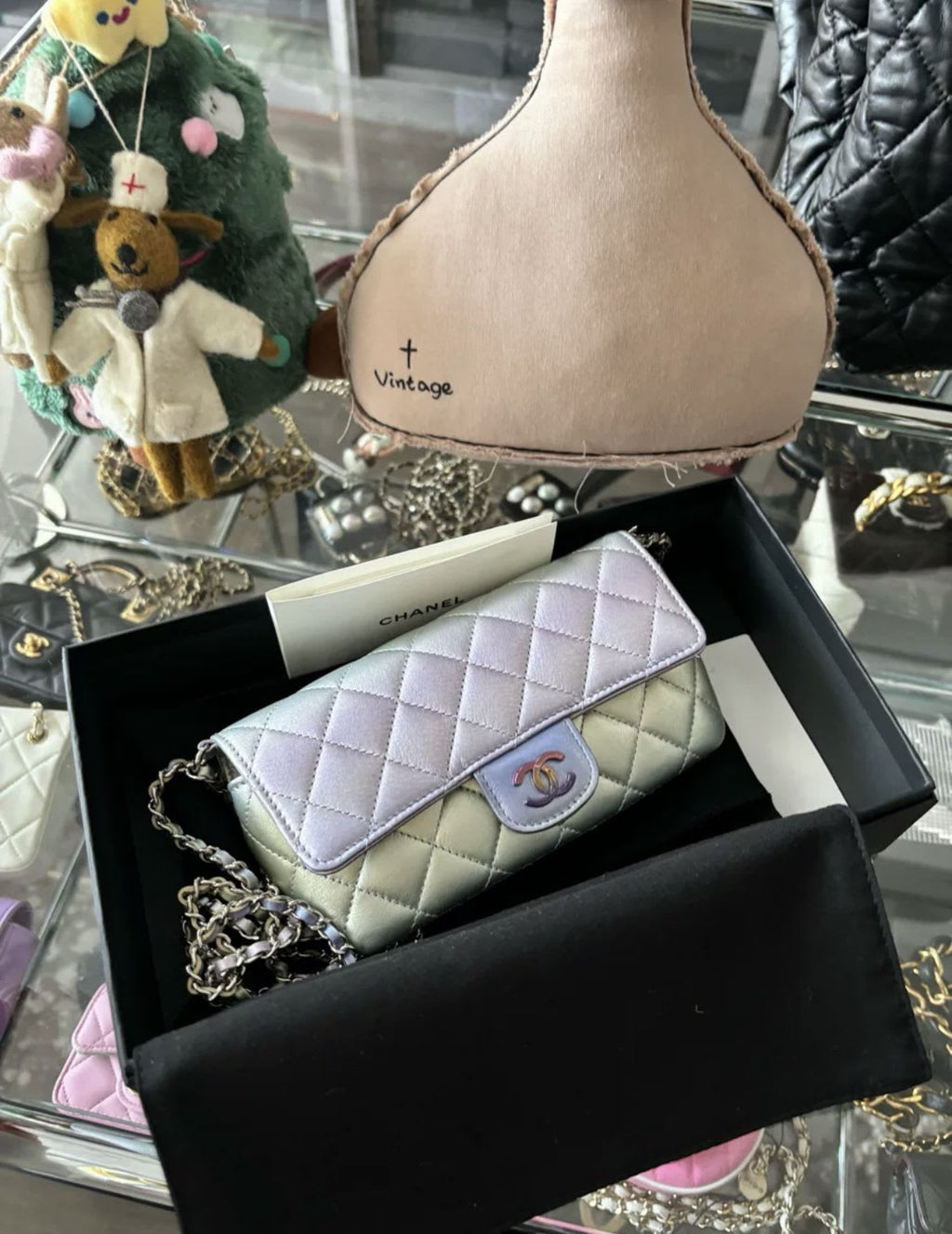 Chanel Gradient Metallic Quilted Lambskin Glasses Case on Chain Iridescent Hardware, 2021