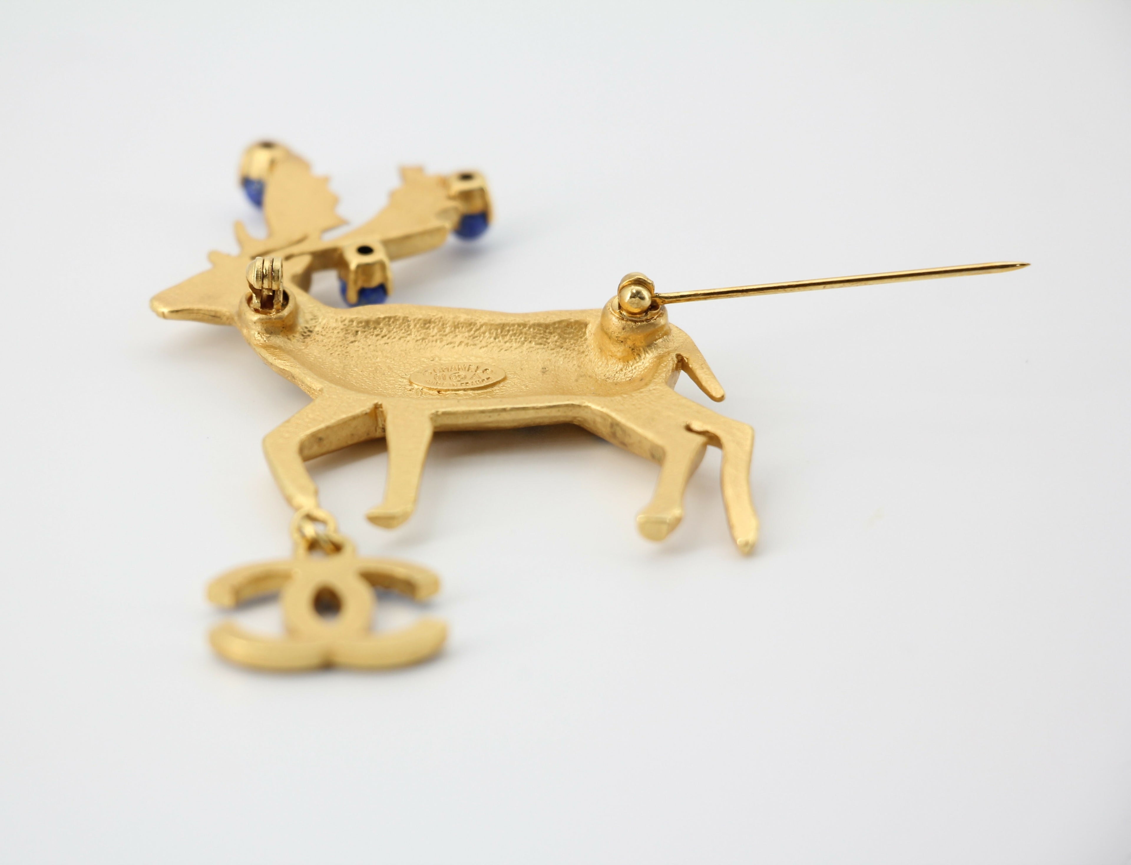 Chanel Vintage 01A Rhinestone Blue Golden Green Reindeer Brooch