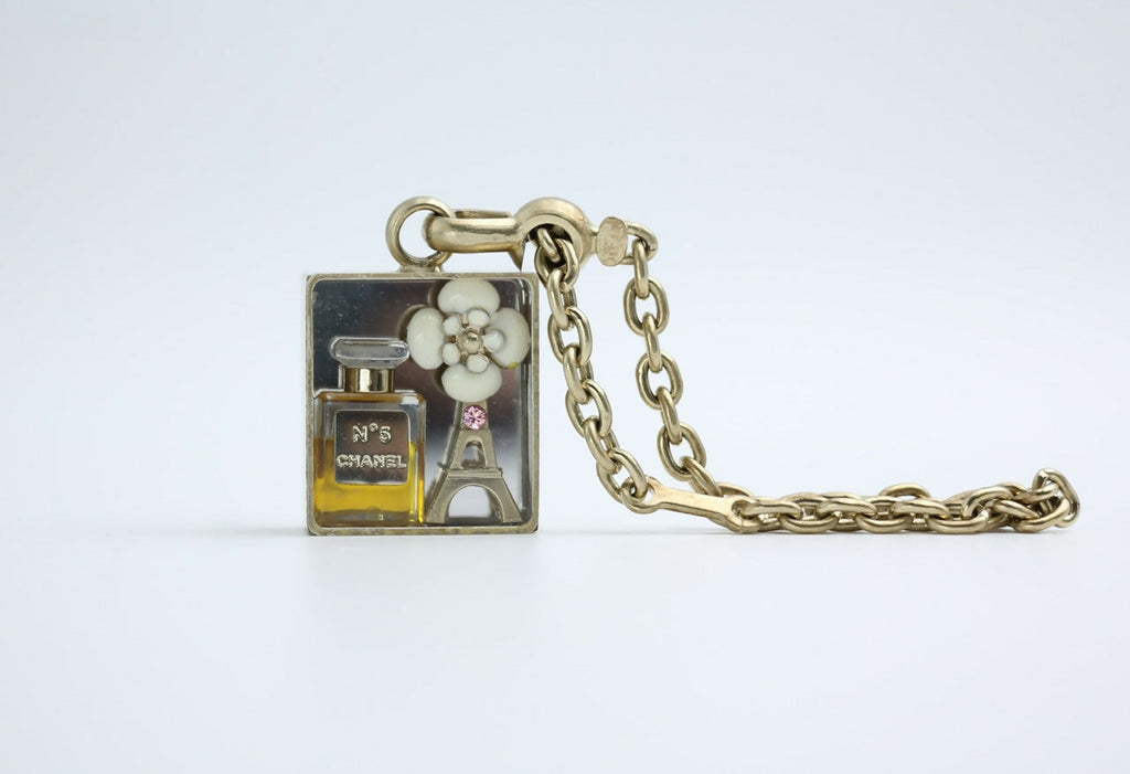 Chanel Vintage 06C Enamel + Metal + Resin White Camellia Handbag Charm Keychain