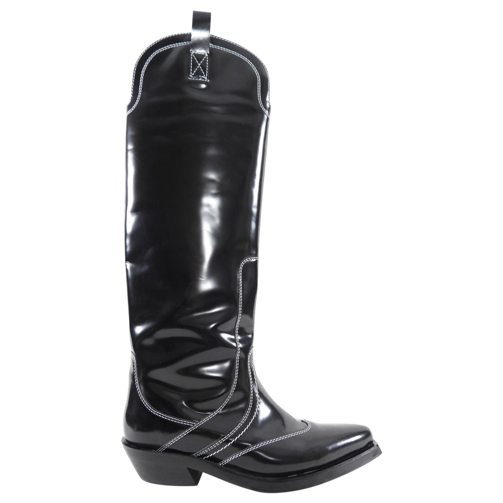 Ganni Black Shiny Leather Top Stitch Tall Western Boots - 40