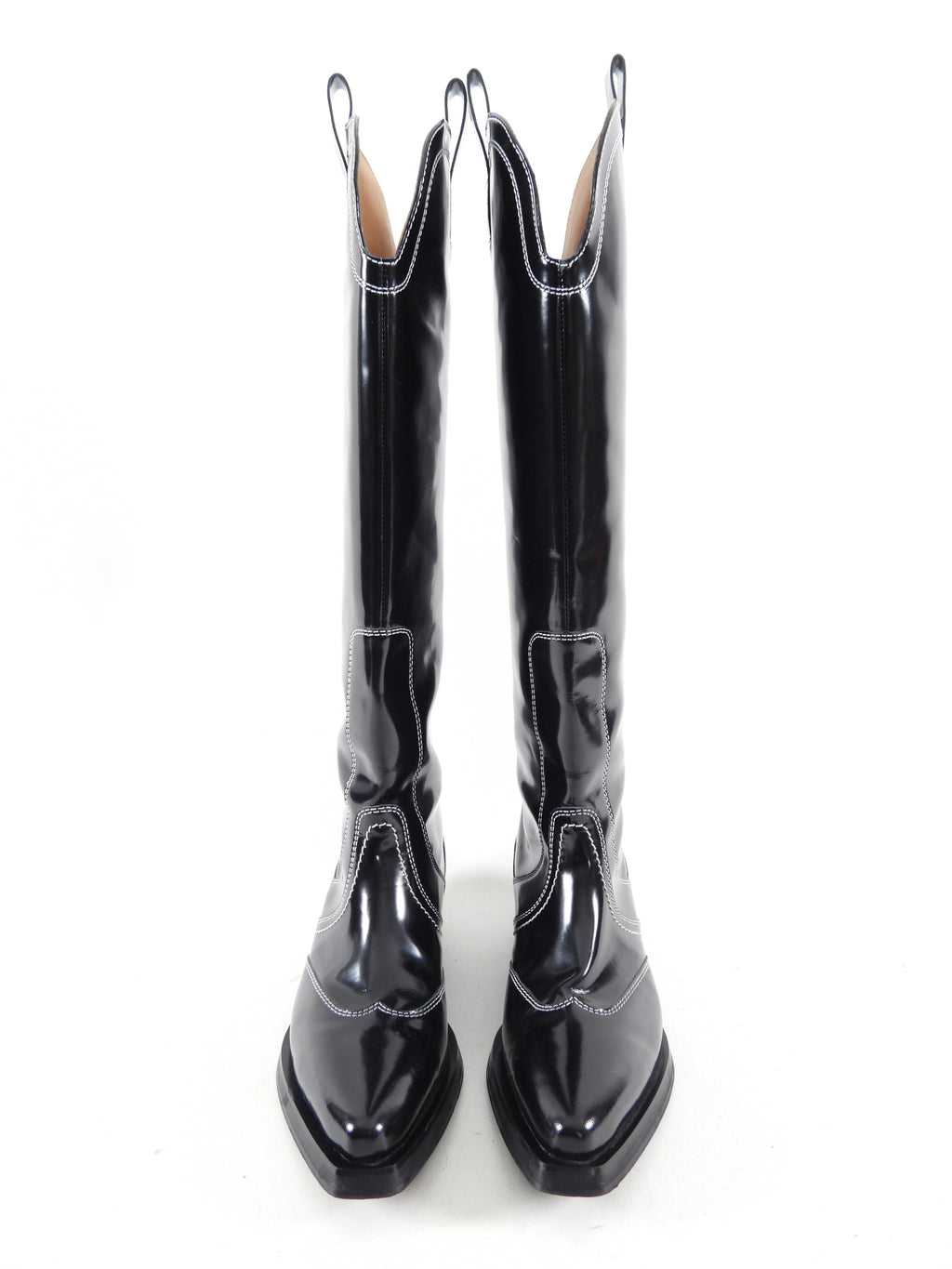 Ganni Black Shiny Leather Top Stitch Tall Western Boots - 40