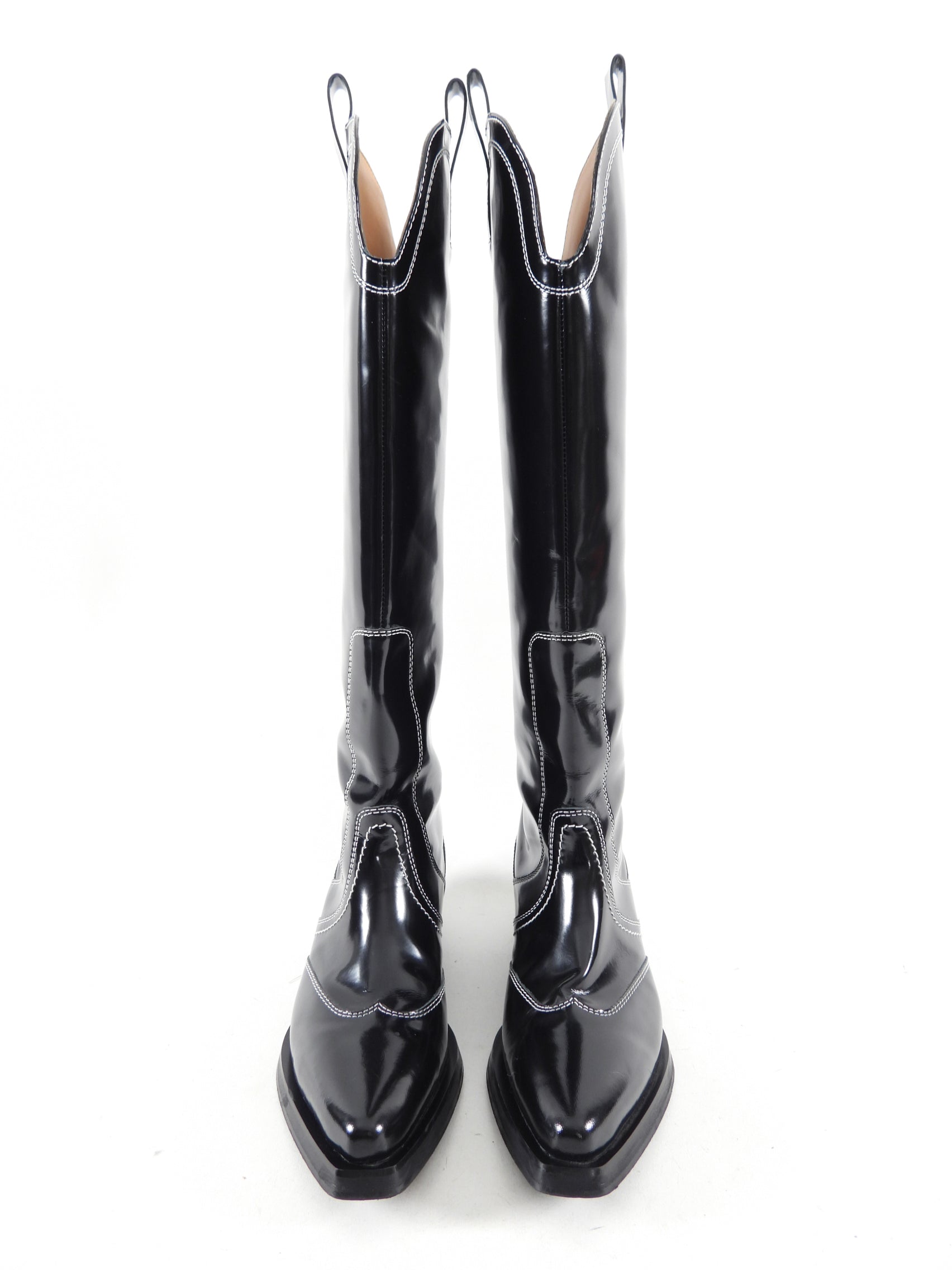 Ganni Black Shiny Leather Top Stitch Tall Western Boots - 40
