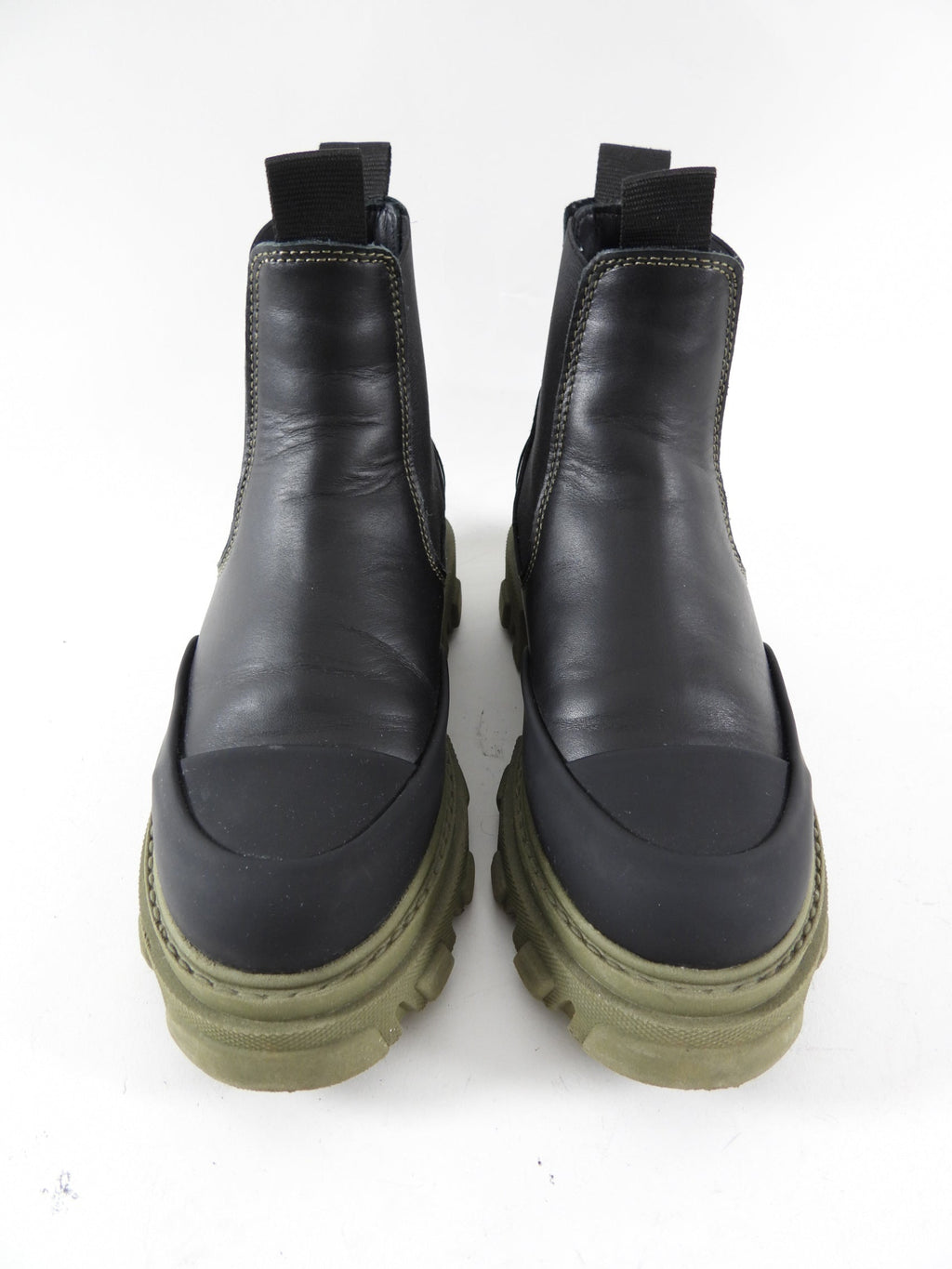 Ganni Black Leather and Green Track Sole Ankle Boots - 36