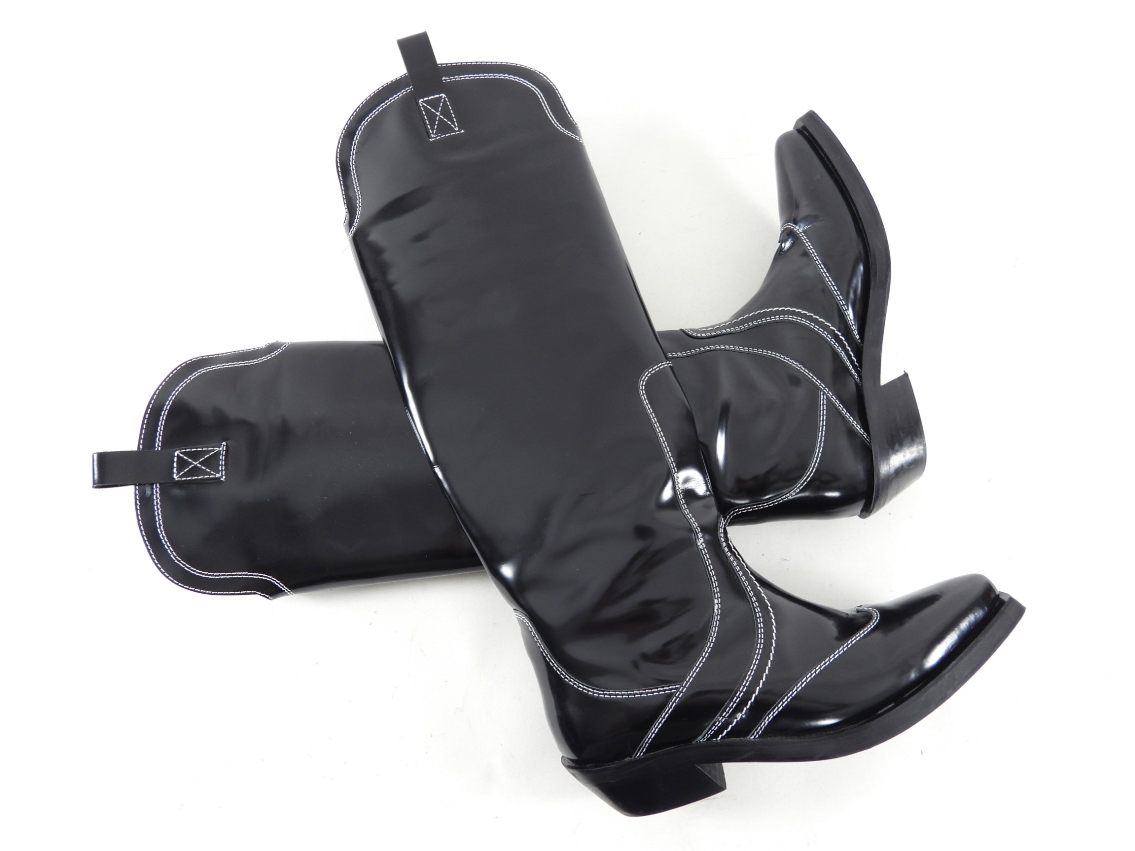 Ganni Black Shiny Leather Top Stitch Tall Western Boots - 40
