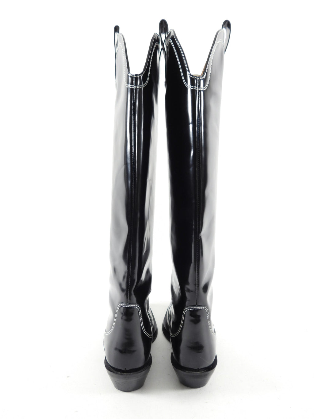 Ganni Black Shiny Leather Top Stitch Tall Western Boots - 40